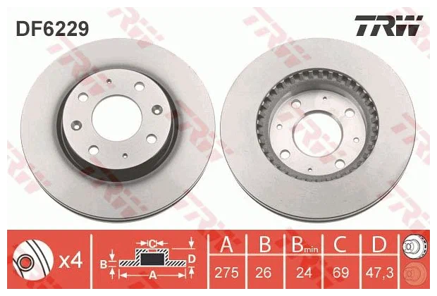 Купить TRW DF6229 диск тормозной передн.\ KIA Cerato 1.6-2.0 04> (2шт) в интернет магазине